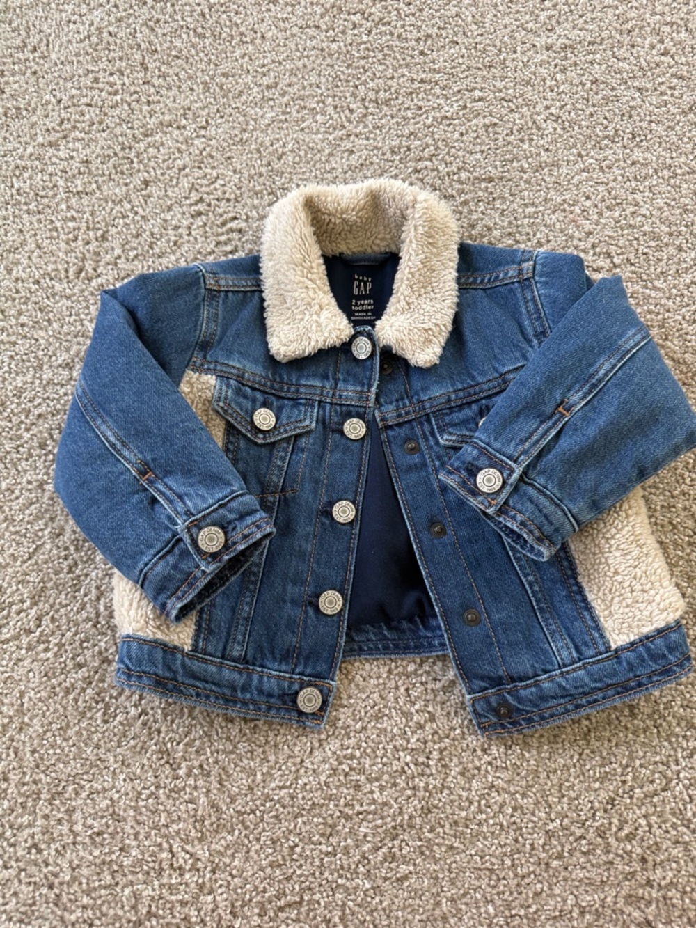 GAP Kids Blue Denim Jacket with Cream Sherpa Collar